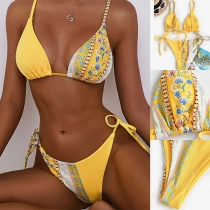 Sexy Printed Spliced ow-waist Lace-up Bikini Set
