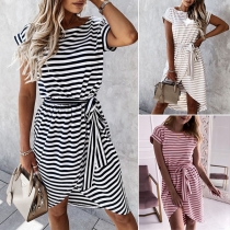 Fashion Short  Sleeve Round Neck Irregular Hem Stripe Printed Dress