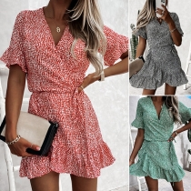 Fresh Style Short Sleeve V-neck Ruffle Hem High Waist Dress