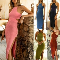 Sexy Backless Slit Hem High Waist Solid Color Slim Fit Sling Dress
