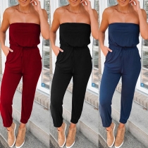 Sexy Strapless High Waist Solid Color Jumpsuit