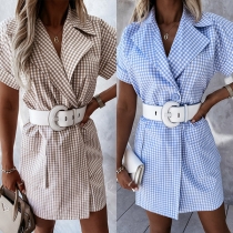 OL Style Short Sleeve Notched Lapel Plaid Dress