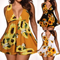 Sexy Backless Deep V-neck High Waist Sunflower Printed Romper