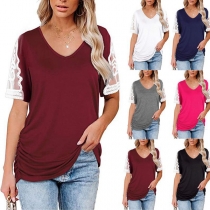 Fashion Lace Spliced Short Sleeve V-neck Side Wrinkled Hem Loose T-shirt