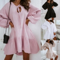 Fashion Solid Color Lantern Sleeve Lace-up V-neck Ruffle Hem Loose Dress