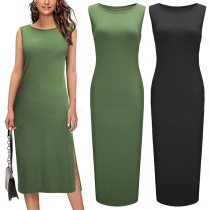 Simple Style Sleeveless Round Neck Side-slit Hem Solid Color Dress