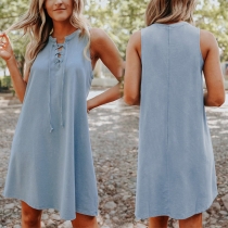 Simple Style Sleeveless Lace-up V-neck Solid Color Loose Dress