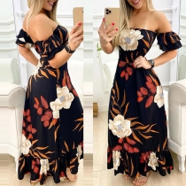 Sexy Off-shoulder Boat Neck Short Sleeve Ruffle Hem Slim Fit Printed Dress