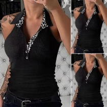 Fashion Leopard Printed Spliced Sleeveless POLO Collar Slim Fit T-shirt