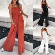 Sexy Backless High Waist Front-pocket Sling Wide-leg Jumpsuit