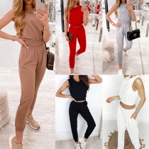 Fashion Solid Color Sleeveless Round Neck Crop Top + Pants Two-piece Set