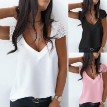 Fashion Lace Spliced Short Sleeve V-neck Solid Color Loose Top
