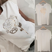 Casual Style Short Sleeve Round Neck Rose Printed Loose T-shirt
