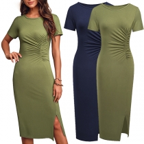 Elegant Solid Color Short Sleeve Round Neck Slit Hem Slim Fit Dress