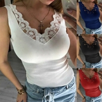 Sexy Lace Spliced V-neck Solid Color Slim Fit Top