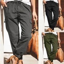 Casual Style Side-pocket Solid Color Drawstring Waist  Pants