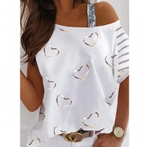 Sexy Off-shoulder Gold Hear Printed Short Sleeve Loose T-shirt