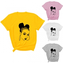 Cute Style Little Girl Pattern Short Sleeve Round Neck Casual T-shirt