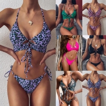 Sexy Low-waist Leopard Printed Lace-up Bikini Set