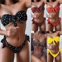Sexy Low-waist Knotted Dots Printed Bandeau Bikini Set