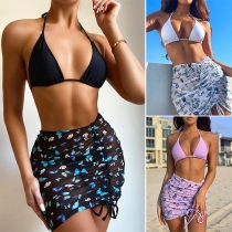 Sexy Halter Bikini Set + Butterfly Printed Skirt Three-piece Set