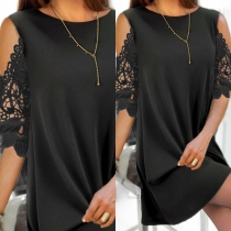 Sexy Off-shoulder Lace Spliced Short Sleeve Round Neck Solid Color Loose Dress