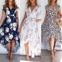 Sexy V-neck Short Sleeve High Waist High-low Hem Printed Dress