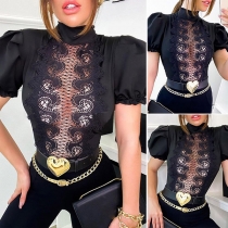 Sexy Puff Sleeve High Collar Lace Spliced Slim Fit Top