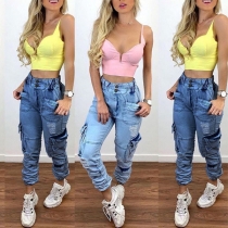 Casual Style High Waist Side-pocket Relaxed-fit Ripped Jeans