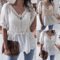 Casual Style Short Sleeve V-neck Hollow Out Lace Top