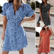 Sweet Style Puff Sleeve V-neck High Waist Printed Dress