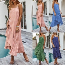 Bohemian Style Backless Ruffle Hem Dots Printed Sling Dress
