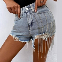 Fashion High Waist Frayed Hem Slim Fit Tassel Shorts