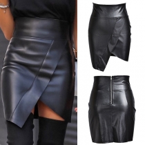 Fashion High Waist Solid Color Irregular Slit Hem PU Leather Skirt