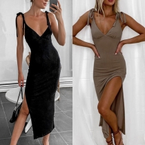 Sexy Backless V-neck Slit Hem Solid Color Slim Fit Sling Dress