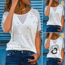 Fashion Hollow Out Lace Spliced Short Sleeve Round Neck Heart Printed T-shirt