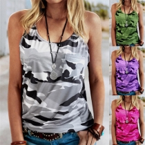 Casual Style Camouflage Printed Sleeveless Round Neck Tank Top