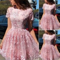 Sweet Style Short Sleeve Round Neck High Waist Lace Spliced Princess Dress