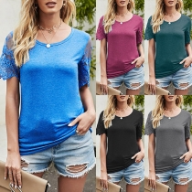 Fashion Lace Spliced Short Sleeve Round Neck Solid Color Casual T-shirt
