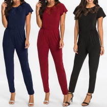 Fashion Solid Color Short Sleeve Round Neck High Waist Jumpsuit