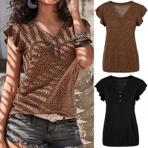 Sweet Style Lotus Sleeve V-neck Leopard Printed T-shirt