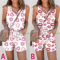 Casual Style Sleeveless V-neck Heart/Lips Printed Top + Shorts Two-piece Set