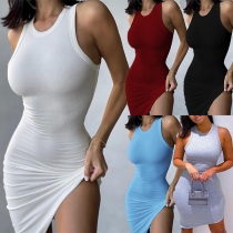 Sexy Slit Hem Sleeveless Round Neck Solid Color Tight Dress
