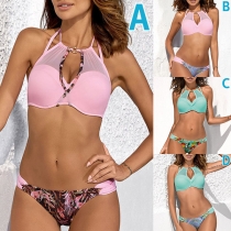 Sexy Low-waist Printed Gauze Spliced Push-up Underwire Bikini Set