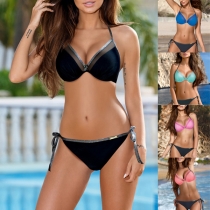 Sexy Low-waist Contrast Color Lace-up Halter Bikini Set