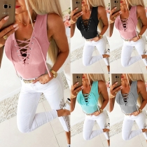 Sexy Lace-up Key-hole V-neck Sleeveless Solid Color Slim Fit Tank Top