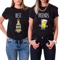 Casual Style Drink Beer Bottle Printed Short Sleeve Friends Besties T-shirt