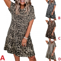 Fashion Short Sleeve Round Neck Leopard Printed Loose Dress