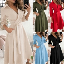 OL Style Long Sleeve V-neck Lace-up High Waist Solid Color Maxi Dress