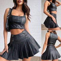 Sexy Square Collar Sleeveless Crop Top + High Waist Pleated Skirt Two-piece Set